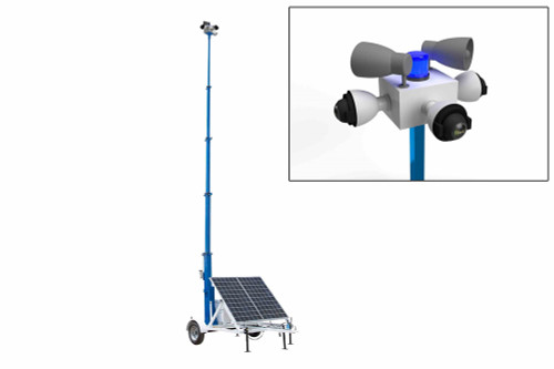 Larson Electronics Mobile Solar Security LED Tower - 30' Mast, 7.5' Trailer - (2) 300W Panels, (4) LED Lights, (5) Cameras, 10TB NVR, WR - Diesel Gen./NDAA - HMS