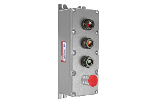 Larson Electronics Explosion Proof Control Station - C1D1 - 24V - (1) E-stop/Red, (3) LED Pilot Lights - Red, Amber, Green