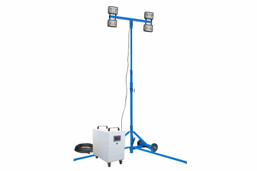 Larson Electronics 200W Rechargeable LED Tripod Light - 7' to 12' - (4) Lamps - 4kWh Li-ion Battery - 12+ Hrs Runtime