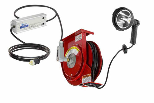 Larson Electronics 45W Handheld LED Spotlight w/ 50' 12/3 SOOW Cord Reel & Inline Transformer - 100-277VAC to 24VDC