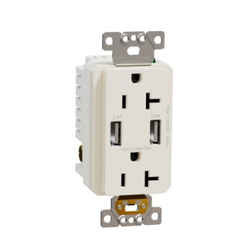 SQR55241LA Schneider Electric SQR55241LA USB charger socket-outlet, X Series, 20 A socket, 4.8 A USB A/A, duplex, tamper resistant, light almond, matte finish