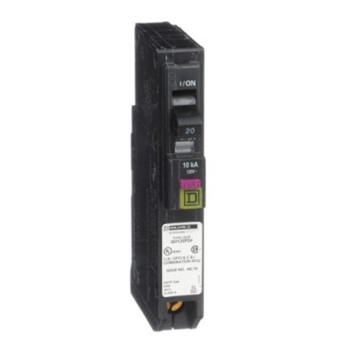 QO120PDFC Schneider Electric QO120PDFC Mini circuit breaker, QO, 20A, 1 pole, 120VAC, 10kA, dual function, plug on neutral, plug in mount, clam pack