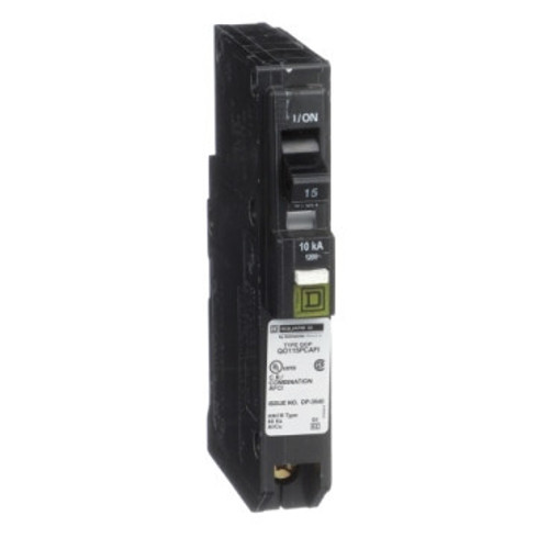QO115PCAFIC Schneider Electric QO115PCAFIC Mini circuit breaker, QO, 15A, 1 pole, 120VAC, 10kA, combo arc fault, plug on neutral, plug in mount, clam pack