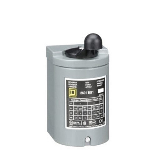 2601BG1 Schneider Electric 2601BG1 Switch, reversing drum, 5 HP at 575 VAC single phase, 7.5 HP at 575 VAC polyphase, handle operated, NEMA 1 enclosure