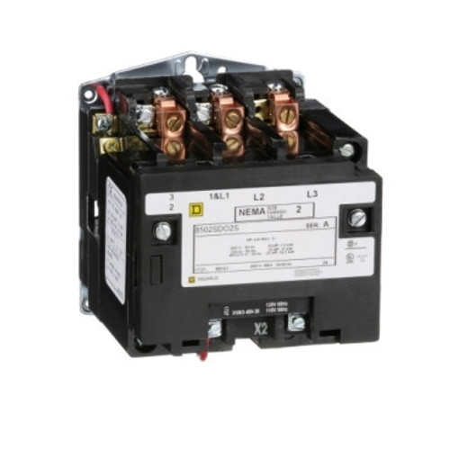 8502SDO2V02S Schneider Electric 8502SDO2V02S NEMA Contactor, Type S, nonreversing, Size 2, 45A, 25 HP at 575 VAC, 3 phase, up to 100 kA, 3 pole, 120 VAC coil, open