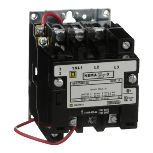 8502SBO2V02S Schneider Electric 8502SBO2V02S NEMA Contactor, Type S, nonreversing, Size 0, 18A, 5 HP at 575 VAC, 3 phase, up to 100 kA, 3 pole, 120 VAC coil, open