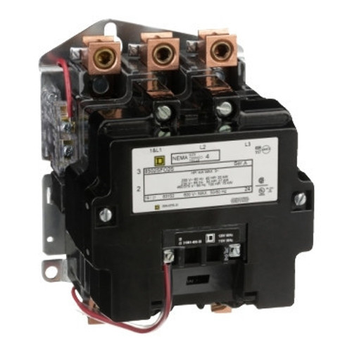8502SFO2V02S Schneider Electric 8502SFO2V02S NEMA Contactor, Type S, nonreversing, Size 4, 135A, 100 HP at 575 VAC, 3 phase, up to 100 kA, 3 pole, 120 VAC coil, open