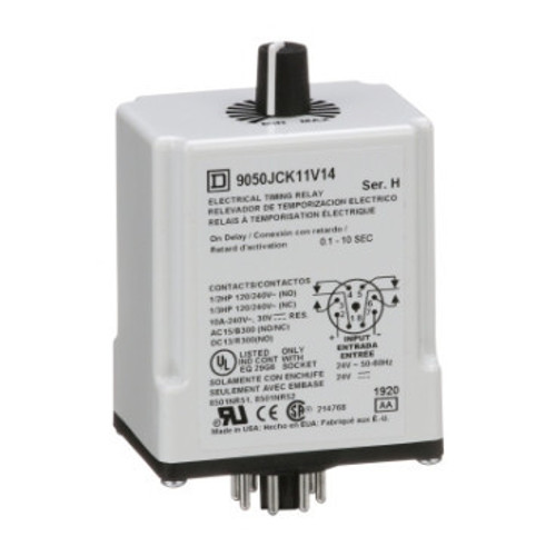 9050JCK11V14 Schneider Electric 9050JCK11V14 Timing Relay, Type JCK, plug In, on delay, adjustable time, 0.1 to 10 seconds, 10A, 240 VAC, 24 VAC/DC