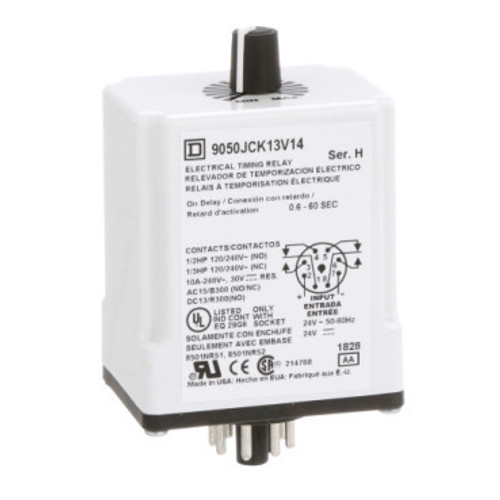 9050JCK13V14 Schneider Electric 9050JCK13V14 Timing Relay, Type JCK, plug In, on delay, adjustable time, 0.6 to 60 seconds, 10A, 240 VAC, 24 VAC/DC