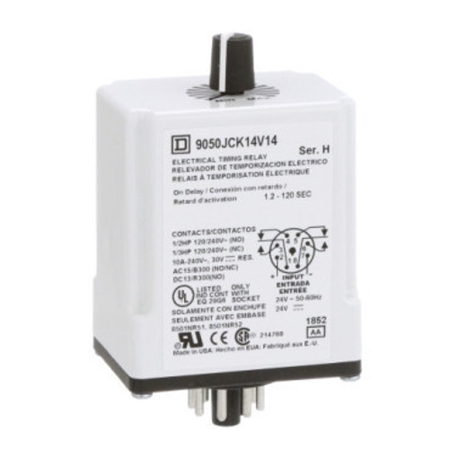 9050JCK14V14 Schneider Electric 9050JCK14V14 Timing Relay, Type JCK, plug In, on delay, adjustable time, 1.2 to 120 seconds, 10A, 240 VAC, 24 VAC/DC