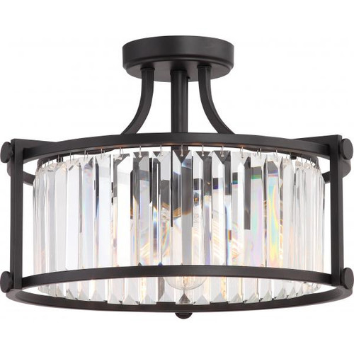 Satco 60-5773 Krys; 3 Light; Crystal Semi-Flush Fixture with 60W Vintage Lamps Included; Aged Bronze Finish