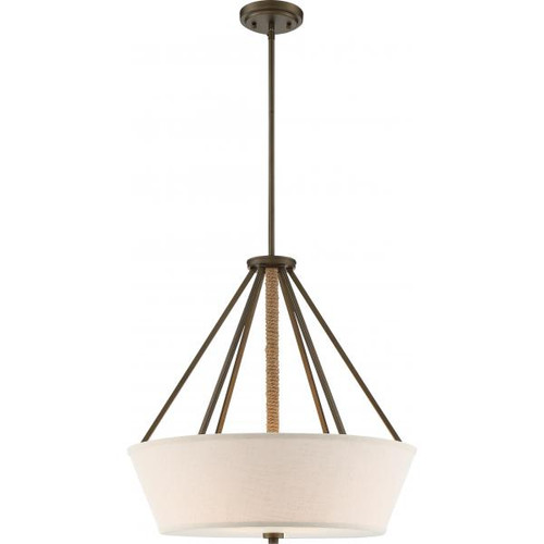 Satco 60-5896 4 Light; Seneca 22 in.; Pendant; Mahogany Bronze Finish with Wrapped Rope; Beige Linen Fabric Shade; Etched Glass Diffuser