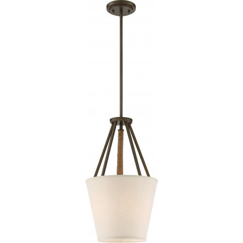 Satco 60-5897 3 Light; Seneca 12 in.; Pendant; Mahogany Bronze Finish with Wrapped Rope; Beige Linen Fabric Shade