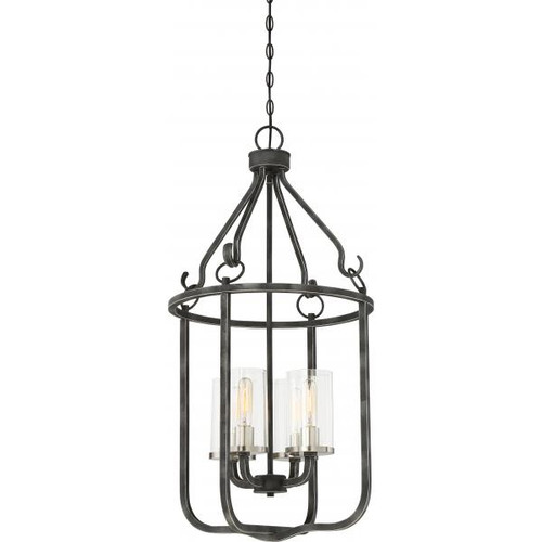 Satco 60-6127 4 Light; Sherwood Caged Pendant; Iron Black with Brushed Nickel Accents Finish; Clear Glass; Lamps Included