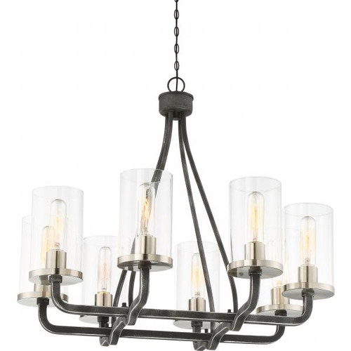 Satco 60-6128 8 Light; Sherwood Chandelier; Iron Black with Brushed Nickel Accents Finish; Clear Glass; Lamps Included
