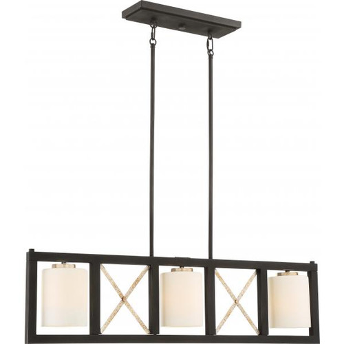 Satco 60-6133 3 Light; Boxer Island Pendant; Matte Black with Antique Silver Accents Finish; Satin White Glass