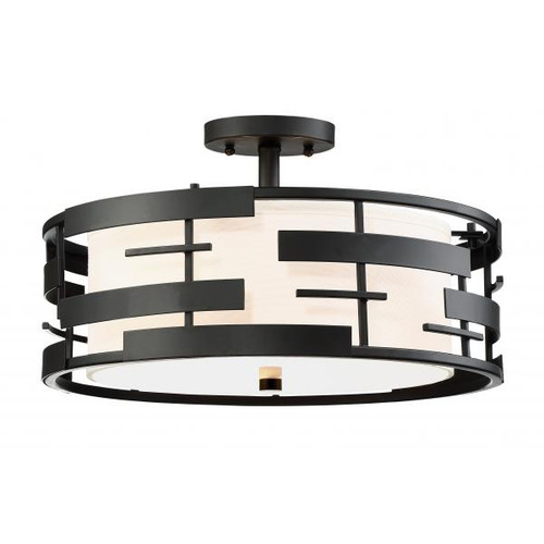 Satco 60-6436 Lansing; 3 Light; Semi; Flush with White Fabric Shade and Opal Diffuser