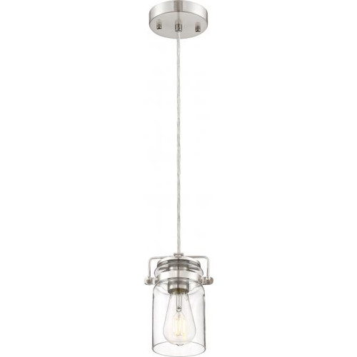 Satco 60-6736 Antebellum; 1 Light; Mini Pendant Fixture; Brushed Nickel Finish with Clear Glass