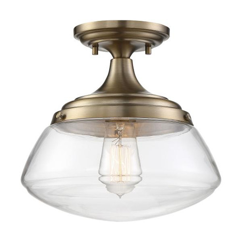 Satco 60-6797 Kew; 1 Light; Semi-Flush Fixture; Burnished Brass Finish with Clear Glass