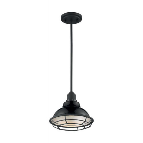 Satco 60-7003 Newbridge; 1 Light; Small Pendant Fixture; Gloss Black Finish with Silver and Textured Black Accents