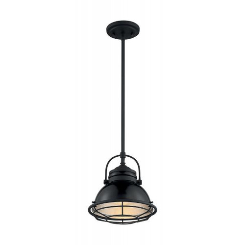 Satco 60-7063 Upton; 1 Light; Small Pendant Fixture; Gloss Black Finish with Silver and Textured Black Accents