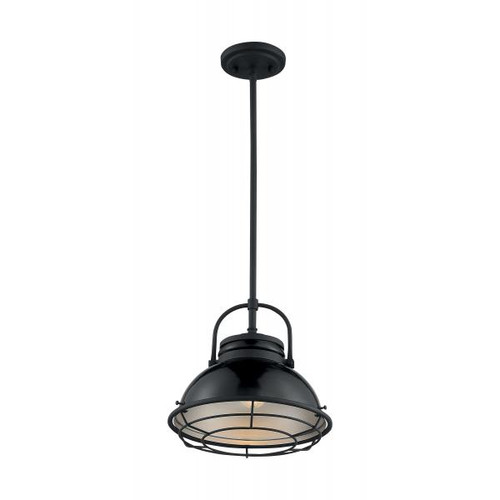Satco 60-7064 Upton; 1 Light; Large Pendant Fixture; Gloss Black Finish with Silver and Textured Black Accents