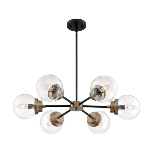 Satco 60-7126 Axis; 6 Light; Chandelier Fixture; Matte Black Finish with Brass Accents; Clear Glass