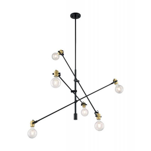 Satco 60-6989 Mantra; 6 Light; Pendant Fixture; Black Finish with Brushed Brass Sockets
