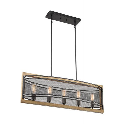 Satco 60-7265 Atelier; 5 Light; Island Pendant Fixture; Black and Honeywood Finish