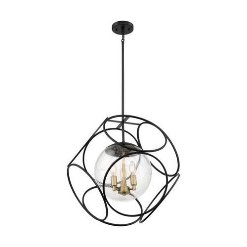 Satco 60-6947 Aurora; 3 Light; Pendant Fixture; Black and Vintage Brass Finish with Clear Seeded Glass
