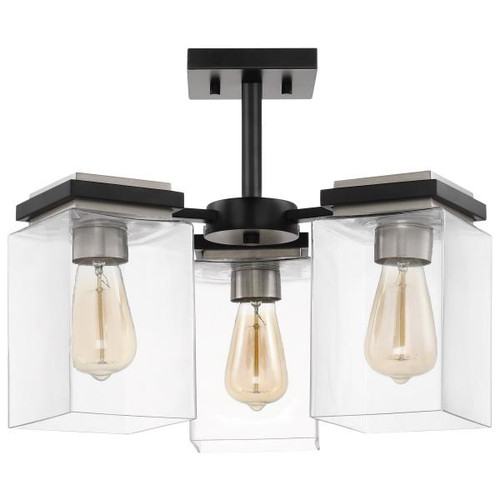 Satco 60-7658 Crossroads; 3 Light Semi-Flush Fixture; Matte Black with Clear Glass