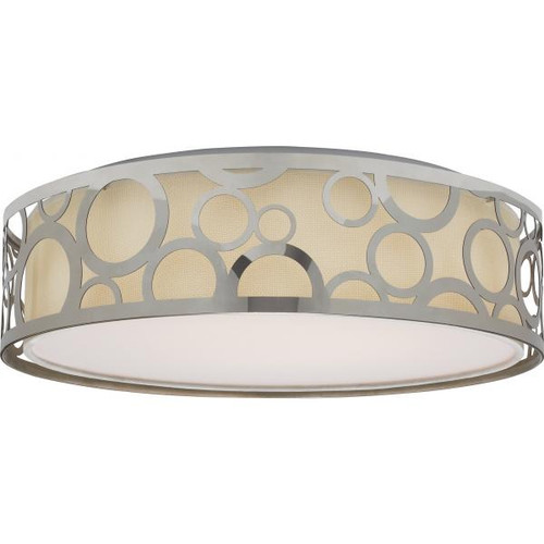 Satco 62-988R1 15 in.; Filigree LED Decor Flush Mount Fixture; Polished Nickel Finish; White Fabric Shade
