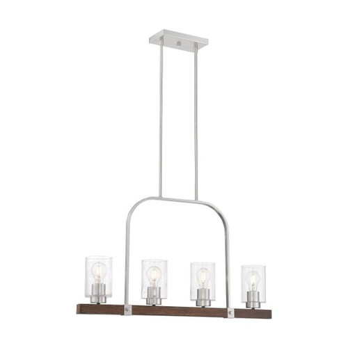 Satco 60-6967 Arabel; 4 Light; Island Pendant Fixture; Brushed Nickel and Nutmeg Wood Finish with Clear Seeded Glass