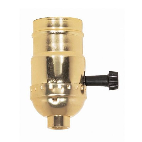Satco 80-1560 3-Way Turn Knob Socket With Removable Knob; 1/8 IPS; Aluminum; Brite Gilt Finish; 250W; 250V; With Strain Relief Hooks