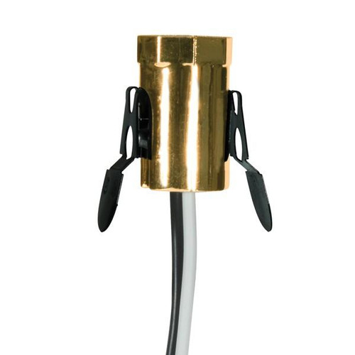 Satco 80-1794 Phenolic Candelabra Base Socket With Spring Clip; 3/4" Diameter; 1" Hole Size; 6" AWM B/W Leads 105C; 75W; 125V; Gold Finish