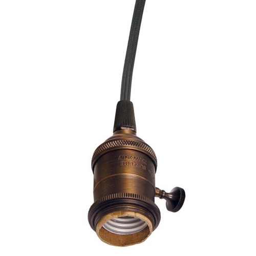 Satco 80-2284 Medium base lampholder; 4pc. Solid brass; prewired; On/Off; Uno ring; 10ft. 18/2 SVT Black Cord; Dark antique brass finish