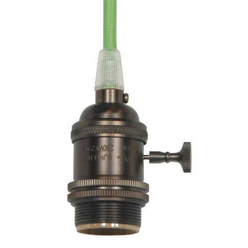 Satco 80-2433 Medium base lampholder; 4pc. Solid brass; prewired; On/Off; Uno ring; 10ft. 18/2 SVT Light Green Cord; Dark antique brass finish