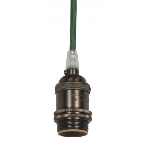 Satco 80-2458 Medium base lampholder; 4pc. Solid brass; prewired; Uno ring; 10ft. 18/2 SVT Dark Green Cord; Dark antique brass finish