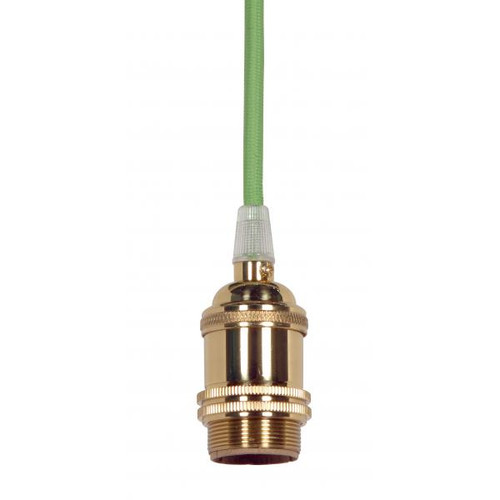 Satco 80-2460 Medium base lampholder; 4pc. Solid brass; prewired; Uno ring; 10ft. 18/2 SVT Light Green Cord; Polished brass finish