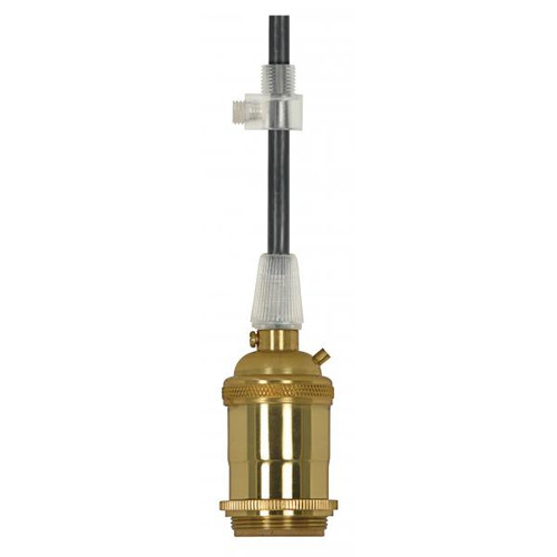 Satco 80-2573 Medium base lampholder; 4pc. Solid brass; pre-wired; Keyless; 2 Uno rings; 10ft. 18/3 SVT Black Cord; Polished brass finish