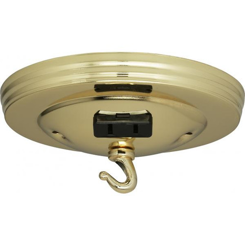 Satco 90-041 Canopy Kit With Convenience Outlet; Brass Finish; 5" Diameter; 7/16" Center Hole; 2-8/32 Bar Holes; Includes Hardware; 10lbs Max