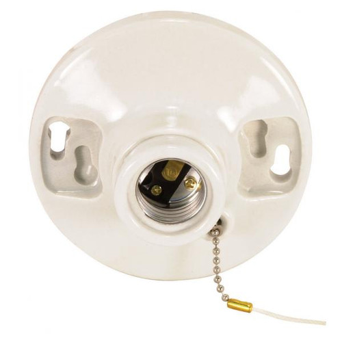 Satco 90-443 2 Terminal Glazed Porcelain On-Off Pull Chain Ceiling Receptacle; Screw Terminals; 4-3/8" Diameter; 250W; 250V