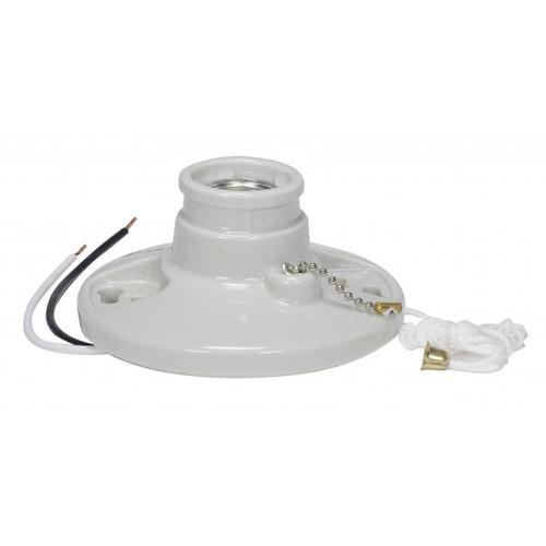 Satco 90-2639 Glazed Porcelain On-Off Pull Chain Ceiling Receptacle; 7" AWM B/W Leads 105C; Screw Terminals; 4-3/8" Diameter; 250W; 250V
