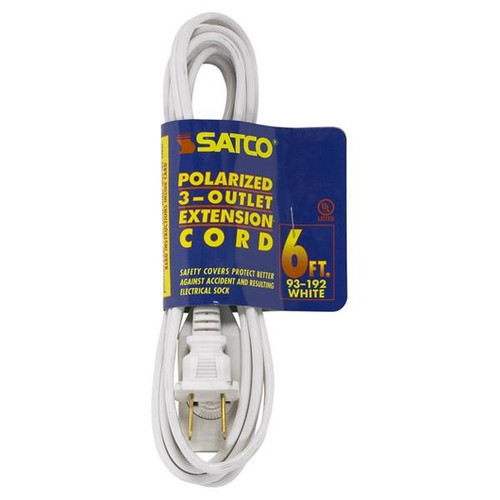 Satco 93-192 6 Foot Extension Cord; White Finish; 16/2 SPT-2; Indoor Only; 13A-125V-1625W Rating