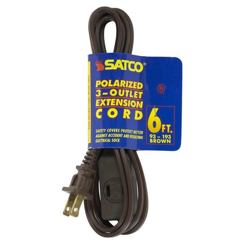 Satco 93-193 6 Foot Extension Cord; Brown Finish; 16/2 SPT-2; Indoor Only; 13A-125V-1625W Rating