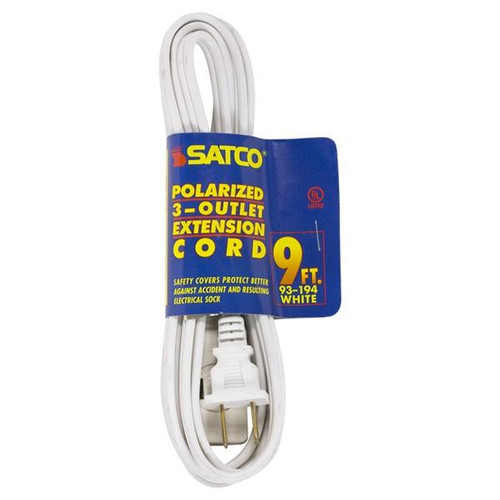 Satco 93-194 9 Foot Extension Cord; White Finish; 16/2 SPT-2; Indoor Only; 13A-125V-1625W Rating