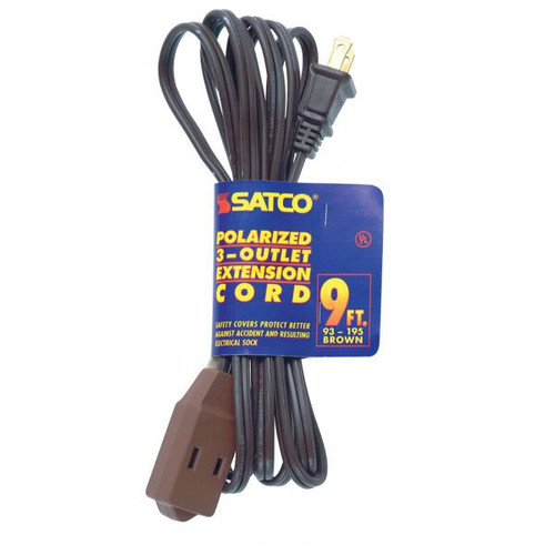 Satco 93-195 9 Foot Extension Cord; Brown Finish; 16/2 SPT-2; Indoor Only; 13A-125V-1625W Rating