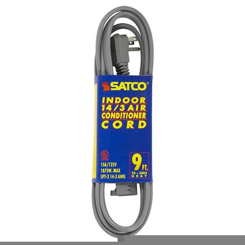Satco 93-5002 9 Foot Gray Heavy Duty Air Conditioner/Appliance Cord; 14/3 Ga. SPT-3 Gray Cord W/Sleeve; 15A-125V; 1875W