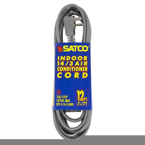 Satco 93-5003 12 Foot Gray Heavy Duty Air Conditioner/Appliance Cord; 14/3 Ga. SPT-3 Gray Cord With Sleeve; 15A-125V; 1875W