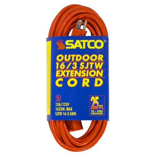 Satco 93-5005 25 Foot Orange Heavy Duty Outdoor Extension Cord; 16/3 Ga. SJTW-3 Orange Cord With Sleeve; 13A-125V; 1625W